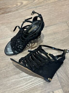Louis Vuitton Black Suede Wedges Gold Logo Straps Size 36